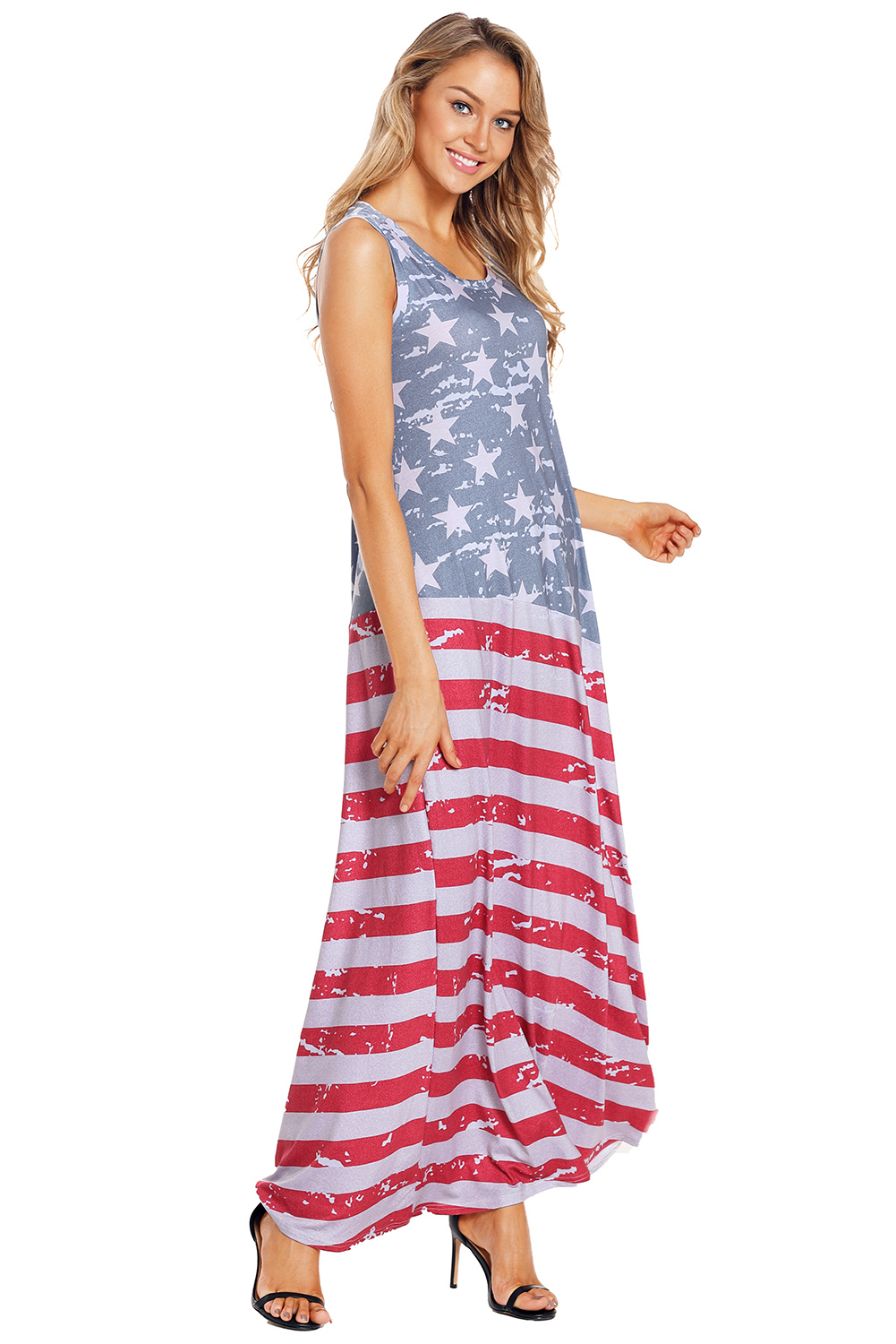 BY610125-22 American Flag Print Sleeveless Maxi Dress